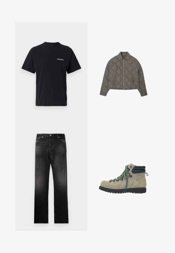 Sivi kramirani jakna s prednjim patentnim zatvaračem, ovratnikom i dva bočna džepa, s malim izvezenim grbom na prsima.; Crna pamučna majica s okruglim izrezom i kratkim rukavima. Ima bijeli natpis "No Problemo" na lijevoj strani grudi.; Crne traperice s ravnim nogavicama, s blagim gradijent efektom, dizajnom s pet džepova i metalnim detaljima.; Cipele za planinarenje od bež teksturiranog materijala s zelenim i bež vezicama, crnim podstavljenim ovratnikom oko zapešća i debelim crnim robusnim potplatom.