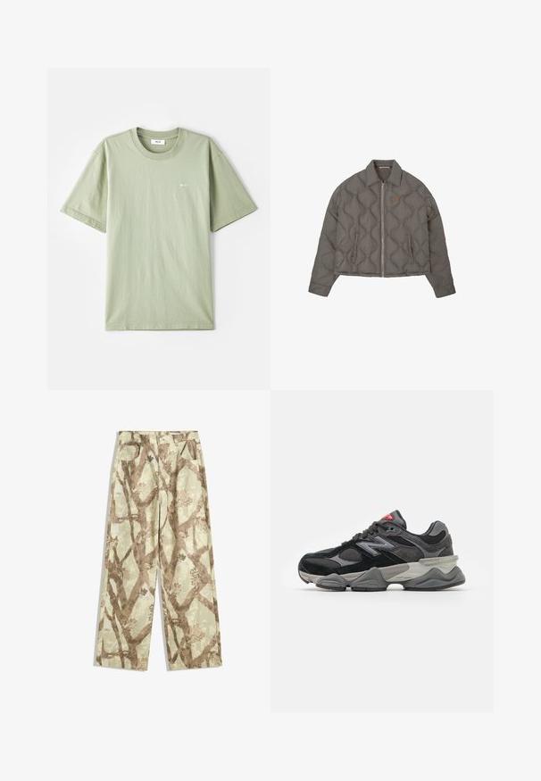Grijze gewatteerde jas met een rits aan de voorkant, kraag en twee zijzakken, met een klein geborduurd embleem op de borst.; Lichtgroene katoenen t-shirt met korte mouwen, ronde hals en klein wit logo op de borst. Zachte textuur, casual pasvorm en minimalistisch ontwerp.; Broek van lichtgewicht stof in een lichtgroene tint, met een bruin takpatroon, wijd model en twee voorzakken.; Zwarte en grijze sneaker met een mix van suede en mesh materialen, dikke zool, opvallend logo en een rode accent op de tong.