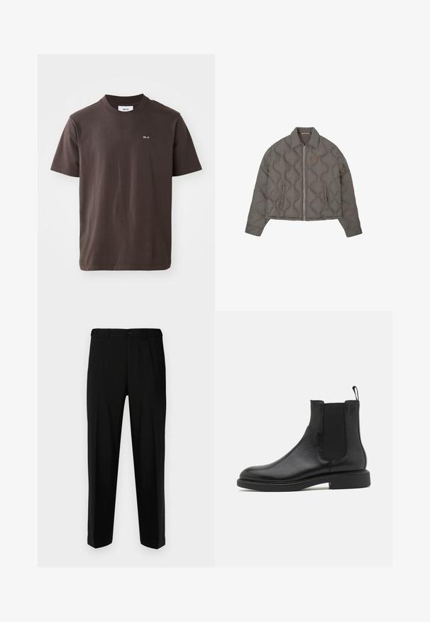 Graue gesteppte Jacke mit Frontreißverschluss, Kragen und zwei seitlichen Taschen, mit einem kleinen gestickten Emblem auf der Brust.; Braunes Baumwoll-T-Shirt mit einem gerippten Rundhalsausschnitt. Verfügt über ein kleines weißes Logo auf der linken Brust. Kurze Ärmel und ein gerader Saum.; Schwarze Hosen aus glattem Stoff, mit geradem Schnitt, zwei vorderen Taschen und einem Reißverschluss mit Knopfverschluss.; Schwarze Leder-Ankle-Boots mit glatter Textur, elastischen Seitenpaneelen und einer Zuglasche. Runde Zehenpartie und flache Gummisohle mit minimalem Profil.