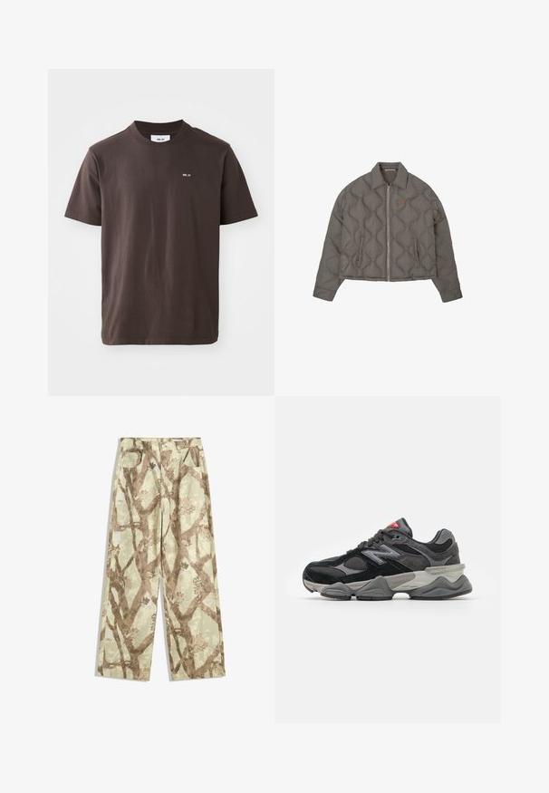 Grijze gewatteerde jas met een rits aan de voorkant, kraag en twee zijzakken, met een klein geborduurd embleem op de borst.; Bruine katoenen T-shirt met een ribbelboord rond de hals. Bevat een klein wit logo op de linkerborst. Korte mouwen en een rechte zoom.; Broek van lichtgewicht stof in een lichtgroene tint, met een bruin takpatroon, wijd model en twee voorzakken.; Zwarte en grijze sneaker met een mix van suede en mesh materialen, dikke zool, opvallend logo en een rode accent op de tong.