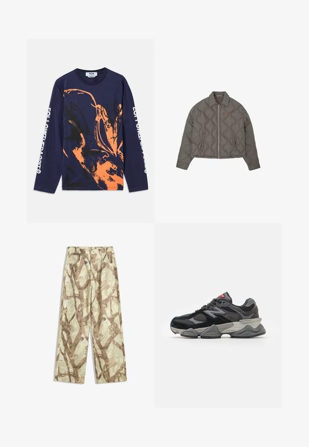 Graue gesteppte Jacke mit Frontreißverschluss, Kragen und zwei seitlichen Taschen, mit einem kleinen gestickten Emblem auf der Brust.; Navy-blaues Langarm-T-Shirt aus Baumwolle mit einem orange-schwarzen abstrakten Design. Auf dem Ärmel steht "FOLLOW THE RABBIT."; Hosen aus leichtem Stoff in einem hellgrünen Farbton, mit einem Muster von braunen Zweigen, weit geschnitten und mit zwei vorderen Taschen.; Schwarzer und grauer Sneaker mit einer Kombination aus Wildleder und Mesh-Materialien, dicker Sohle, ausgeprägtem Logo und roten Akzenten an der Zunge.
