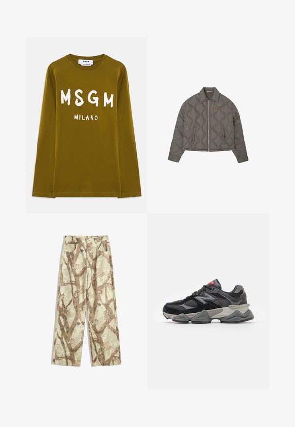 Gray quilted jacket with front zipper, collar, and two side pockets, featuring a small embroidered emblem on the chest.; Olive green long-sleeve t-shirt made of cotton, featuring large white "MSGM" and "MILANO" text printed on the front.; Pants made of lightweight fabric in a light green shade, featuring a brown tree branch pattern, wide-leg design, and two front pockets.; Black and gray sneaker with a mix of suede and mesh materials, thick sole, prominent logo, and red accent on the tongue.