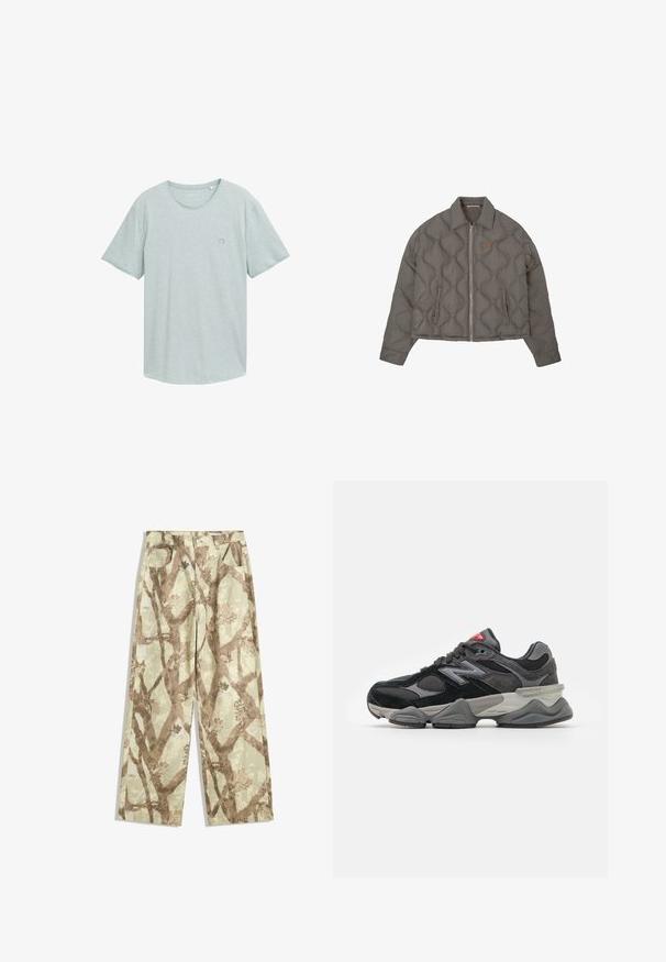 Grijze gewatteerde jas met een rits aan de voorkant, kraag en twee zijzakken, met een klein geborduurd embleem op de borst.; Lichtgrijze t-shirt met korte mouwen en een ronde halslijn, gemaakt van zacht katoen, met een klein logo-accent op de linkerborst.; Broek van lichtgewicht stof in een lichtgroene tint, met een bruin takpatroon, wijd model en twee voorzakken.; Zwarte en grijze sneaker met een mix van suede en mesh materialen, dikke zool, opvallend logo en een rode accent op de tong.
