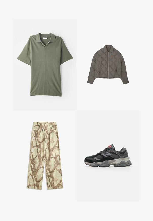Harmaa tikattu takki, jossa on etuvetoketju, kaulus ja kaksi sivutaskua, jossa on pieni brodeerattu emblem rintapielessä.; Oliivinvihreä lyhythihainen polo-paita, jossa on kauluspääntie ja teksturoitu kangas. Paitassa on V-muotoinen avaus ja rento istuvuus.; Housut kevyestä kankaasta vaaleanvihreässä sävyssä, joissa on ruskeita puun oksia kuvaava kuvio, leveät lahkeet ja kaksi etutaskua.; Mustat ja harmaat lenkkarit, joissa on yhdistelmä mokkaa ja verkkomateriaaleja, paksu pohja, hallitseva logo ja punaisia yksityiskohtia kielekkeessä.