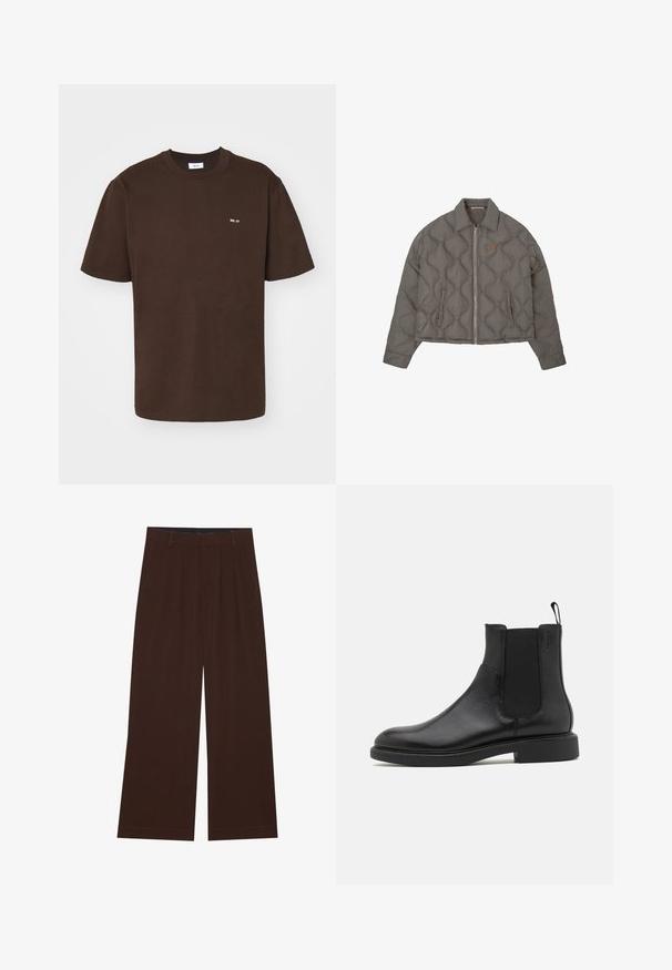 Szara pikowana kurtka z zapięciem na suwak z przodu, kołnierzykiem i dwiema bocznymi kieszeniami, z małym haftowanym emblematem na klatce piersiowej.; NN.07 - T-shirt basic; Brązowe spodnie szerokie z plisami. Wykonane z gładkiego materiału, z dopasowanym pasem i kieszeniami bocznymi. Prosty zakład na dole.; Czarny skórzany botek za kostkę o gładkiej fakturze, z elastycznymi bocznymi panelami i pętelką do zakupu. Okrągły nosek i płaska gumowa podeszwa z minimalnym bieżnikiem.