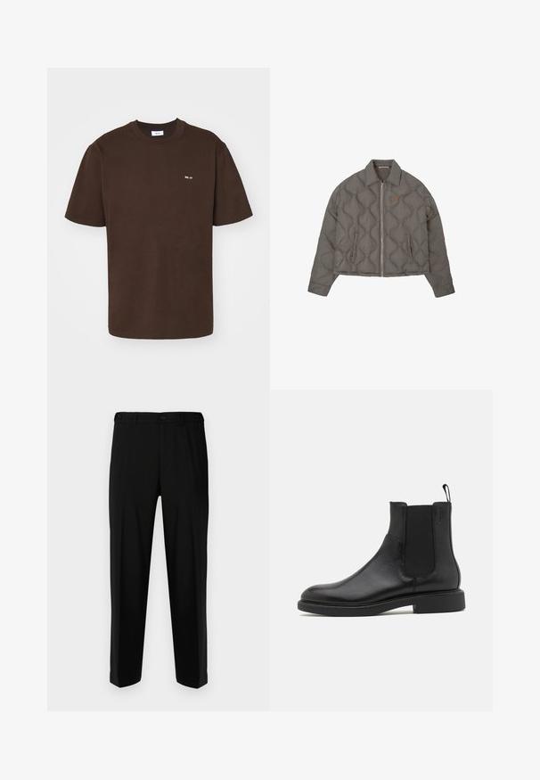 Pelēka gobelēta jaka ar priekšējo rāvējslēdzēju, apkakli un divām sānu kabatām, ar mazu izšūtu emblēmu uz krūšu.; NN.07 ADAM EMB - Pamata T-krekls - brown; Melnas bikses no gludas auduma, ar taisnu griezumu, divām priekšējām kabatām un ar rāvējslēdzēju un pogu aizdari.; Melna ādas potīšu zābaks ar gludu tekstūru, elastīgiem sānu paneļiem un cilpas pievilkšanai. Apaļa purngala forma un plakana gumijas zole ar minimālu rakstu.