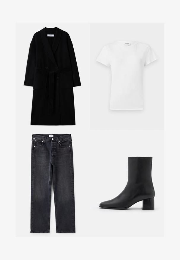 Black wool blend coat with a shawl collar, double-breasted design, two front pockets, and a self-tie belt. Smooth texture and modern cut.; White cotton t-shirt with a crew neckline and short sleeves, featuring a relaxed fit and minimalistic design. Tag visible at the neck.; Black denim jeans with a straight fit, five pockets, silver hardware, and a slightly faded texture. Classic design with minimal detailing.; Black leather ankle boot with a pointed toe and a chunky square heel. Smooth texture with a seamless design and minimalistic stitching.