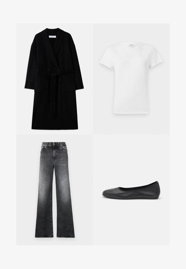 Czarny płaszcz wełniany z kołnierzem szalowym, dwurzędowym zapięciem, dwoma przednimi kieszeniami i paskiem do wiązania. Gładka tekstura i nowoczesny krój.; Biała bawełniana koszulka z okrągłym dekoltem i krótkim rękawem, o luźnym kroju i minimalistycznym designie. Metka widoczna na szyi.; Jeansy o szerokich nogawkach w gradientowym odcieniu szarego denimu, z zapięciem na guzik, pięcioma kieszeniami i lekko przetartą teksturą.; Czarne skórzane baletki z zaokrąglonym noskiem, gładką fakturą, minimalnymi przeszyciami i elastycznym designem podeszwy.