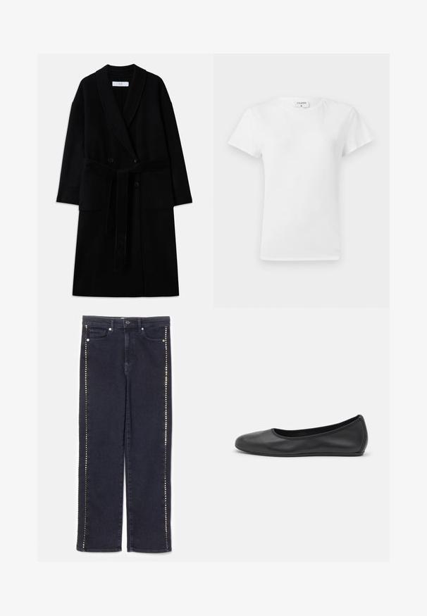 Black wool blend coat with a shawl collar, double-breasted design, two front pockets, and a self-tie belt. Smooth texture and modern cut.; White cotton t-shirt with a crew neckline and short sleeves, featuring a relaxed fit and minimalistic design. Tag visible at the neck.; Dark denim jeans featuring a straight-leg design with a row of metallic studs along the side seams, providing a distinctive accent.; Black leather ballet flat with a rounded toe, smooth texture, minimal stitching detail, and a flexible sole design.