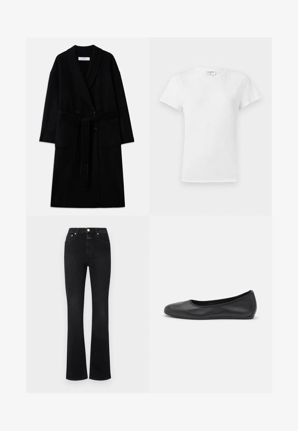 Čierny kabát z vlnenej zmesi s šálovým golierom, dizajnom s dvojitým zapínaním, dvoma prednými vreckami a opaskom na viazanie. Hladká textúra a moderný strih.; Biela bavlnená tričko s okrúhlym výstrihom a krátkymi rukávmi, s voľným strihom a minimalistickým dizajnom. Nálepka viditeľná na krku.; Čierne rozšírené džínsy vyrobené z denimu, s vysokým pásom, piatimi vreckami, zlatým hardvérom a hladkou textúrou.; Čierne kožené baleríny s okrúhlou špičkou, hladkým povrchom, minimálnym prešívaním a flexibilným dizajnom podrážky.