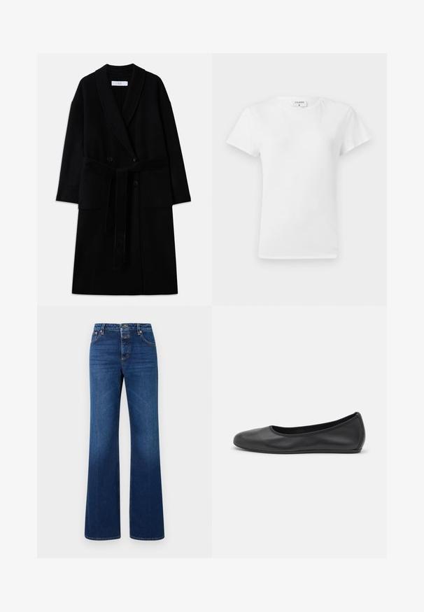 Črni plašč iz volnene mešanice z ovratnikom, dvorednim zapenjanjem, dvema sprednjima žepoma in pasom na zavezovanje. Gladka tekstura in sodoben kroj.; Bela bombažna majica s krojem na vratu in kratkimi rokavi, ki ima sproščen kroj in minimalističen dizajn. Oznaka vidna na vratu.; Temno modri flare jeansi iz denima z gumbom in zadrgo, pet žepi in vidno šivanje vzdolž šivov.; Črne usnjene balerinke z zaobljenim nosom, gladko teksturo, minimalnimi šivi in fleksibilno zasnovo podplata.