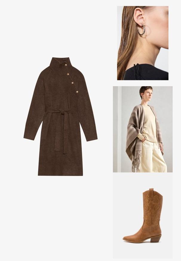 Braun gestreifter Schal aus weichem Stoff mit Fransen am Rand. Kombiniert mit einem hellen Creme-Pullover und lockeren Creme-Hosen.; Braunes Strickkleid mit hohem Rippkragen, seitlichen Knöpfen und einem passenden Stoffgürtel. Rippbündchen und der Saum sorgen für Struktur.; Braune Leder-Cowboy-Stiefel mit spitzem Zehenbereich, bestickten Wirbelmustern am Schaft und einem gestapelten Blockabsatz. Verfügt über einen Ziehriemen für das einfache Anziehen.; Silberne Creolen mit polierter Oberfläche, die kleine goldene Akzentdetails und eine runde Form aufweisen, am Ohrläppchen getragen.