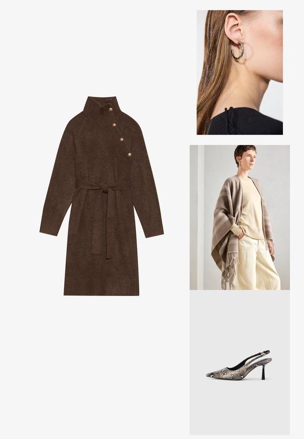 Brunrandig sjal i mjukt tyg med fransade kanter. Matchad med en ljuskrämfärgad tröja och lösa krämfärgade byxor.; Brun stickad klänning med hög ribbad krage, sidoknappar och ett matchande tygbälte. Ribbad manschetter och nederkant ger textur.; Pekade-tå slingback skor i strukturerad ormskinnsmaterial, med en smal svart klack och ett utskuret mönster på sidorna.; Silverörhänge med polerad yta, med små detaljer i guld och rund form, bärs på loben.