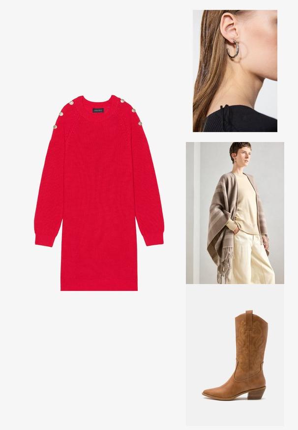 Xale listrado castanho feito de tecido suave, com bordas franzidas. Combinado com um suéter leve em creme e calças largas em creme.; Vestido de malha vermelho com mangas longas, punhos canelados e botões nos ombros. Apresenta um decote redondo e um corte descontraído.; Bota de cowboy em couro cáqui com bico pontiagudo, padrões de bordado em espiral no cano e um salto em bloco empilhado. Inclui uma alça para fácil calçar.; Brinco de argola prateada com acabamento polido, apresentando pequenos detalhes em dourado e uma forma redonda, usado na orelha.