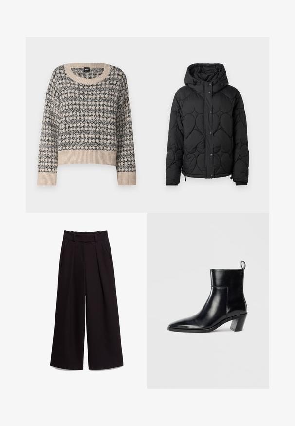 Mustat tikattu puffer-takkia, jossa on huppu, teksturoitu pinta, nepparikiinnitys, joustavat hihansuut ja säädettävä naruhelma.; Beige ja musta mustriga kampsun ümmarguse kaelusega, pikkade varrukatega ja soonikservaga. Omab geomeetrilist disaini pehme tekstuuriga.; Mustat leveälahkeiset housut, jotka on valmistettu sileästä kankaasta. Housuissa on korkea vyötärö, vyölenkit ja kaksi etutaskua. Pleidit lisäävät tekstuuria.; Musta nahkainen nilkkuri, jossa on terävä kärki, geometrinen pinoettu korko ja vetotappi takana. Sileä pinta ja tyylikäs muotoilu.