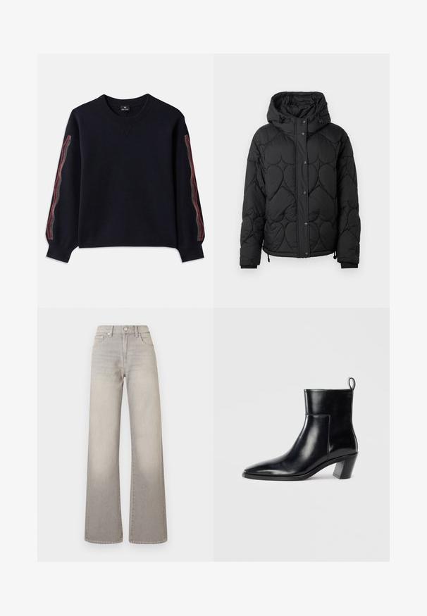 Svart quiltet puffjakke med hette, som har et teksturert mønster, trykknapp-lukking, elastiske mansjetter og justerbar snor i kanten.; Marineblå genser med rund hals, lange ermer og mønstrede aksenter i rødt, gult og hvitt langs sidene. Laget av mykt stoff.; Grå vide ben jeans med en falmet finish, knaplukning, fem-lomme design og stikninger langs sømmen.; Sorte skinn ankle boots med spiss tå, geometrisk stablet hæl og en drasnor bak. Glatt tekstur og elegant design.