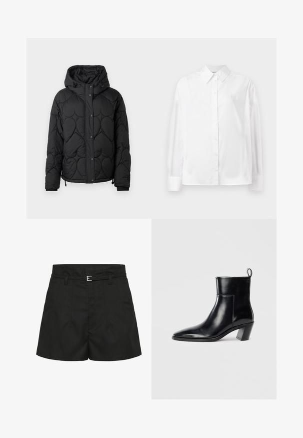 Musthave mustrikkim jacket, mis on valmistatud mustast tikandiga puffer kangast, kapuutsiga, tekstuurse mustriga, nööbiga kinnitusega, elastsete mansettidega ja reguleeritava tõmbluku otsaga.; Valge pikka varrukat nuppude jaotuse särk, mis on valmistatud siledast puuvillasegust. Omab klassikalist krae, ees nuppude sulgemist ja ümarate mansettidega.; Mustad musta värvi kõrge vöökohaga lühikesed püksid, õmmeldud voldikute, külgtaskute, vööloopide ja peene musta vööga, millel on hõbedane pandla.; Must musta saapad terava nina, geomeetrilise kuuega ja tagaküljel tõmberaudaga. Sile tekstuur ja läikiv disain.