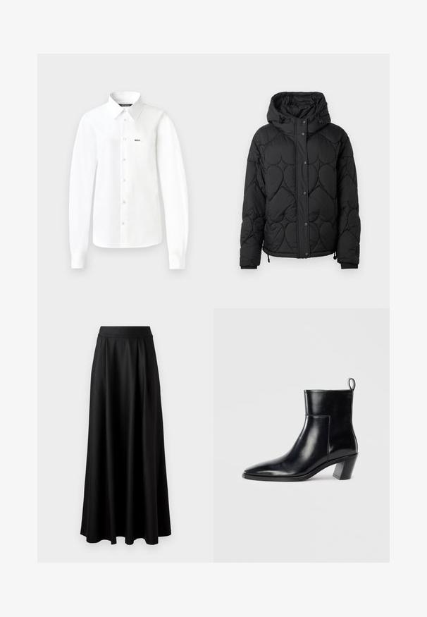 Zwarte gewatteerde pufferjack met capuchon, met een gestructureerd patroon, drukknoopsluiting, elastische manchetten en een verstelbare trekkoord onderrand.; Witte langemouwen overhemd met knopen, gemaakt van gladde stof, met een puntige kraag, een enkel borstzakje en knopen aan de voorkant.; Grijze geribde tanktop met een aansluitend ontwerp, brede armsgaten en een ronde hals. Gemaakt van zachte katoenen stof met een gladde textuur.; Zwarte rok tot op de vloer met een gladde textuur, brede tailleband en geplooid ontwerp, zonder zichtbare patronen of versieringen.; Zwarte leren enkelboot met een spitse neus, een geometrische gestapelde hak en een trekband aan de achterkant. Gladde textuur en slank ontwerp.