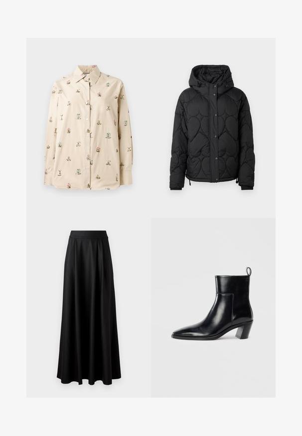 Mustat tikattu puffer-takkia, jossa on huppu, teksturoitu pinta, nepparikiinnitys, joustavat hihansuut ja säädettävä naruhelma.; Kermanen napitettava paita, jossa on pinkkiä ja sinistä kukkakirjontaa. Pehmeä, sileä kangas, klassinen kaulus ja pitkät hihat.; Harmaa ribbattu tankkitoppi, jossa on istuva muotoilu, leveät käsi aukot ja pyöreä kaula-aukko. Valmistettu pehmeästä puuvillakankaasta, jossa on sileä pinta.; Mustat, lattiapituinen hame, jossa on sileä pinta, leveä vyötäröosa ja plissoitu muotoilu, ilman näkyviä kuvioita tai koristeita.; Musta nahkainen nilkkuri, jossa on terävä kärki, geometrinen pinoettu korko ja vetotappi takana. Sileä pinta ja tyylikäs muotoilu.