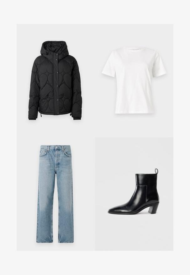 Sort quiltet pufferjakke med hætte, med et struktureret mønster, trykknaplukning, elastiske håndled og justerbar snor i kanten.; Hvid bomulds t-shirt med korte ærmer, rund halsudskæring og en afslappet pasform. Glat tekstur, ingen mønstre eller accenter, minimalistisk design.; Lyseblå denimjeans med høj talje, bred benudskæring og fem lomme-design. Har en knaplukning og subtil falmning.; Sort læder ankelstøvle med spids tå, geometrisk stablet hæl og en løftestrop bagpå. Glat tekstur og slankt design.