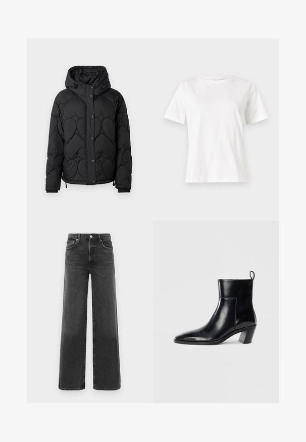 Jachetă puffer neagră, matlasată, cu glugă, având un model texturat, închidere cu nasturi prin presare, manșete elastice și tiv cu șnur ajustabil.; Tricou alb din bumbac cu mâneci scurte, guler rotund și o croială relaxată. Textură netedă, fără imprimeuri sau accente, design minimalist.; Jeans din denim negri, cu talie înaltă, drepti, cu nasture și fermoar frontal, două buzunare frontale și două buzunare pe spate.; Cizme negre din piele până la gleznă, cu vârful ascuțit, toc geometric patrulat și un manșon pentru tragere în spate. Textură netedă și design elegant.