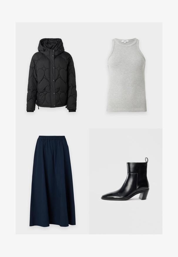 Chaqueta acolchada negra con capucha, que presenta un patrón texturizado, cierre de botones a presión, puños elásticos y dobladillo ajustable con cordón.; Camiseta de tirantes gris acanalada con un diseño ajustado, sisas anchas y un escote redondeado. Fabricada en suave algodón con una textura lisa.; Falda larga de color azul marino, hecha de un tejido texturizado con una cinturilla elástica y sutiles rayas verticales.; Botín de piel negra hasta el tobillo con punta afilada, tacón apilado geométrico y una lengüeta en la parte posterior. Textura suave y diseño elegante.