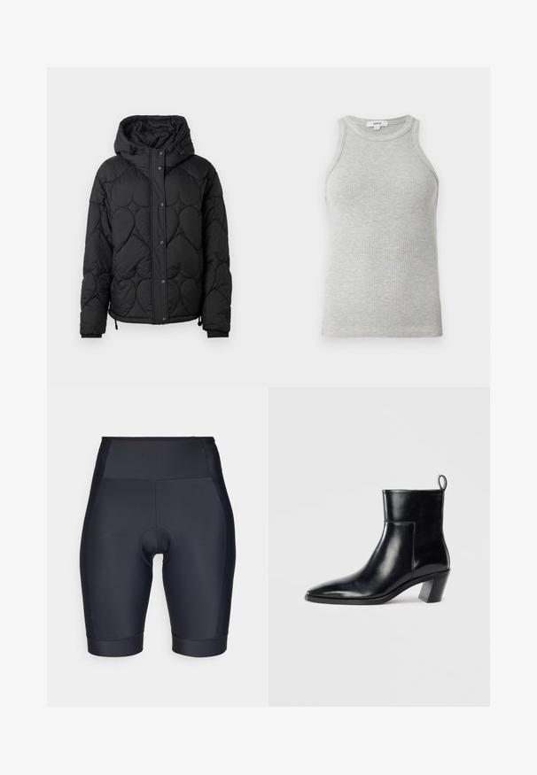 Svart quiltet puffjakke med hette, som har et teksturert mønster, trykknapp-lukking, elastiske mansjetter og justerbar snor i kanten.; Grå ribbet singlet med en tettsittende design, brede armhull og rund hals. Laget av myk bomullsstoff med en glatt tekstur.; Sorte sykkelshorts laget av glatt, elastisk stoff. Høy livdesign med polstret innlegg og sømdetaljer.; Sorte skinn ankle boots med spiss tå, geometrisk stablet hæl og en drasnor bak. Glatt tekstur og elegant design.