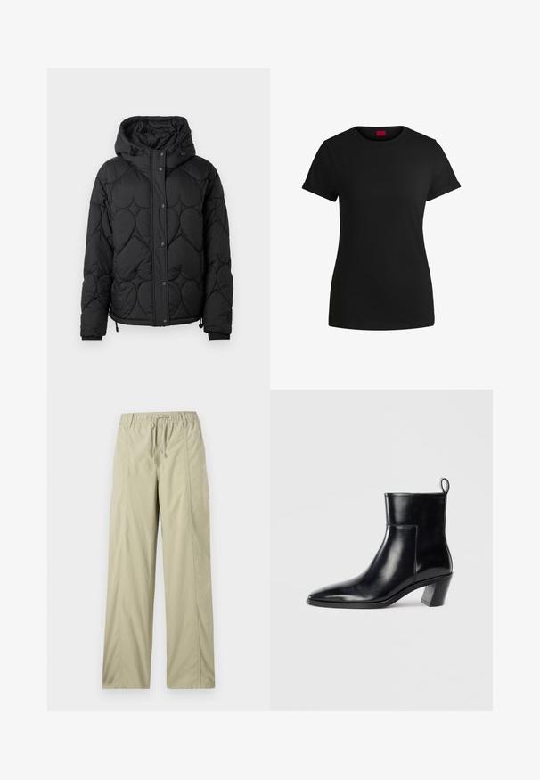 Svart vadderad pufferjacka med huva, med ett texturerat mönster, tryckknapplåsing, elastiska ärmslut och justerbar dragsko i nederkant.; Svart bomullströja med korta rullade ärmar, rund halsringning och en röd etikett. Slät textur, figursydd form med minimalt detaljer.; Ljus olivgröna byxor i mjukt tyg med elastisk midja och dragsnöre, med raka ben och subtila sömnadsdetaljer.; Svart läderankelboot med spetsig tå, geometrisk staplad klack och dragflik på baksidan. Slät textur och eleganta linjer.