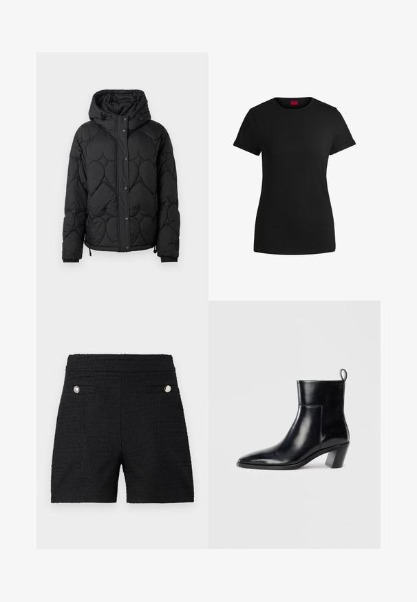 Jachetă puffer neagră, matlasată, cu glugă, având un model texturat, închidere cu nasturi prin presare, manșete elastice și tiv cu șnur ajustabil.; Tricou din bumbac negru, cu mâneci scurte și răsucite, decolteu rotund și etichetă roșie. Textură netedă, formă ajustată și detalii minime.; Șorturi negre dintr-un material texturat, având două buzunare frontale cu accente argintii și o talie netedă.; Cizme negre din piele până la gleznă, cu vârful ascuțit, toc geometric patrulat și un manșon pentru tragere în spate. Textură netedă și design elegant.