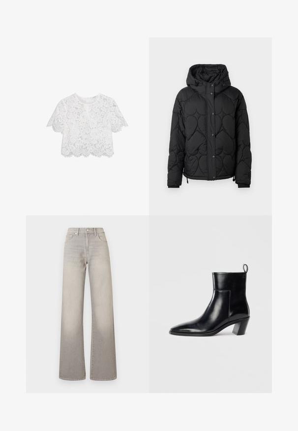 Svart quiltet puffjakke med hette, som har et teksturert mønster, trykknapp-lukking, elastiske mansjetter og justerbar snor i kanten.; Hvit blondekort topp med korte ermer, blomstermønster, bølgekant og en subtil teksturfinish. Har en glidelåslukking bak.; Grå vide ben jeans med en falmet finish, knaplukning, fem-lomme design og stikninger langs sømmen.; Sorte skinn ankle boots med spiss tå, geometrisk stablet hæl og en drasnor bak. Glatt tekstur og elegant design.