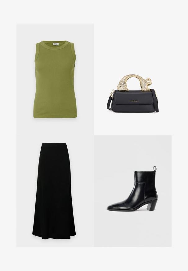 Sort quiltet pufferjakke med hætte, med et struktureret mønster, trykknaplukning, elastiske håndled og justerbar snor i kanten.; Ærmeløs olivengrøn ribbet tanktop med rund halsudskæring og DRYKORN-mærke indeni kraven.; Sort midi nederdel med en tætsiddende talje, svungent nederste kant, glat tekstur, og ingen synlige mønstre eller detaljer.; Sort læder ankelstøvle med spids tå, geometrisk stablet hæl og en løftestrop bagpå. Glat tekstur og slankt design.; Sort læderhåndtaske med et håndtag formet som en guldkat, som har en frontklap, justerbar rem og logo-detalje på den nederste front.