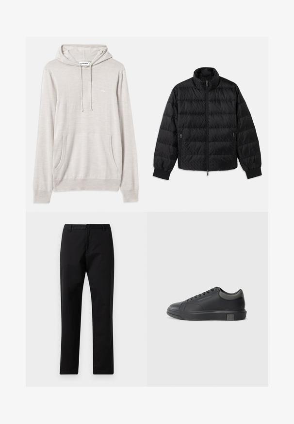 Juodas quiltuotas pūkuotas švarkas su aukštu apykakle, priekyje su užtrauktuku, šoninėmis kišenėmis su užtrauktukais ir elastingomis rankogaliais baltame fone.; Šviesiai pilkas džemperis su reguliuojamu gobtuvu, priekinė kišenė ir megzti rankogaliai. Pagamintas iš minkštos medžiagos, turi subtilų prekės ženklą ant krūtinės.; Juodos tiesios kojos kelnės su mygtuku ir užtrauktuku, diržo kilpomis ir priekinėmis kišenėmis, pateiktos ant baltos fono.; Juodos odinės sportinės bateliai su lygiu paviršiumi, apvaliu nose ir tamsiai pilkais akcentais. Turi raištelių dizainą ir tekstūruotą gumos padas.