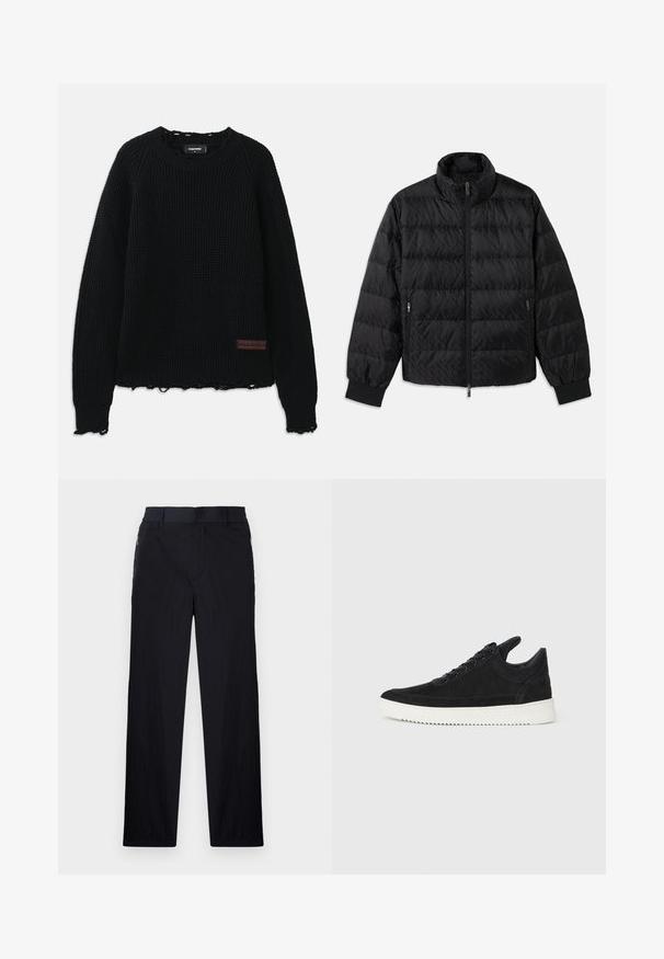 Mustmustähega kampsun, millel on kõrge kaelus, eesneediga lukk, mõlemal küljel lukuga küljetaskud ja elastsest materjalist paelad, valge taustal.; Musternakkriidi musta värvi sviiter, millel on ümmargune kaelus, ribakujundusega varrukate otsad, lagunenud äär ja väike pruun nahast logo silt vasakus alumises nurgas.; Mustad püksid, millel on kerge, tekstuuriga kangas, sirge jala disain, elastne vöökoht ja küljetaskud sipsiga.; Must mustel kingad valge kummist tallaga, millel on toon-toonis õmblused ja paeltega disain. Sile tekstuur ja moodne, voolujooneline kuju.