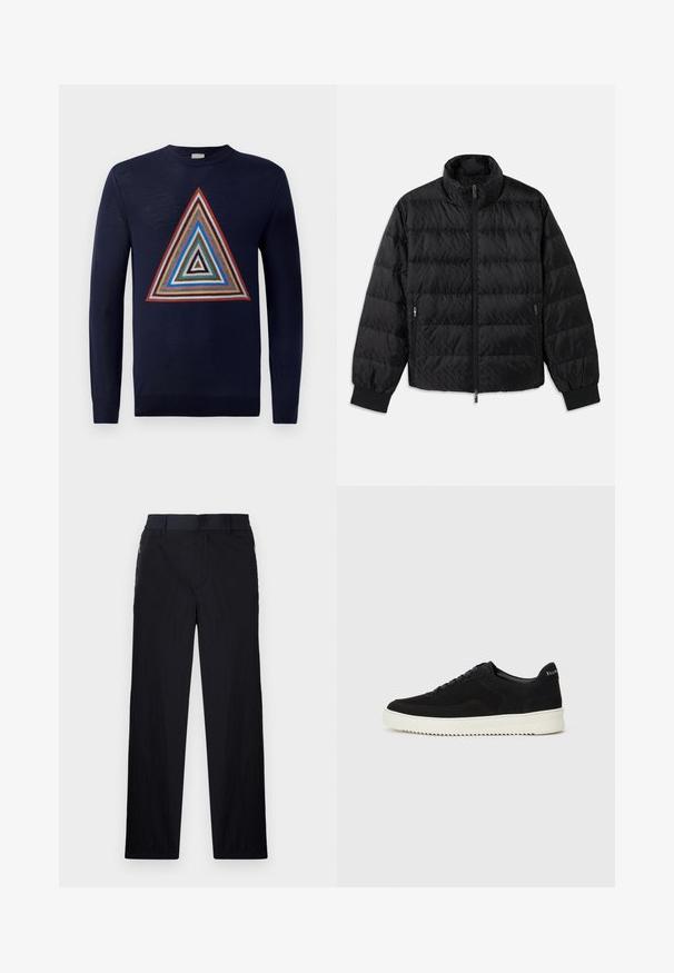 Casaco acolchoado preto com colarinho alto, fecho frontal, bolsos laterais com fecho e punhos elásticos sobre um fundo branco.; Sweater azul-marinho com um design triangular multicolorido central, apresentando padrões em camadas nas cores vermelho, castanho, azul e creme. Mangas compridas e gola redonda.; Calças pretas com um tecido leve e texturizado, design de pernas retas, cintura elástica e bolsos laterais com fecho.; Sapatilhas de camurça pretas com design de atacadores e sola de borracha branca em contraste. Apresenta painéis laterais texturizados e uma marcação discreta no calcanhar.