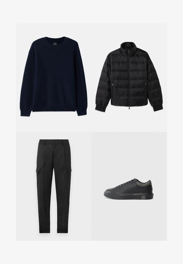 Svart vadderad jacka med hög krage, frontdragkedja, dragkedjefickor på sidan och elastiska manschetter på en vit bakgrund.; Marinblå ribbad tröja med rund halsringning och långa ärmar. Har ett texturerat mönster över hela tyget.; Svarta cargobyxor med elastisk midja, avsmalnande ben, sidofickor och en enda cargoficka på vänster lår. Slät textur.; Svart lädersneaker med slät yta, rund tå och mörkgrå accenter. Har snörningsdesign och texturerad gummisula.