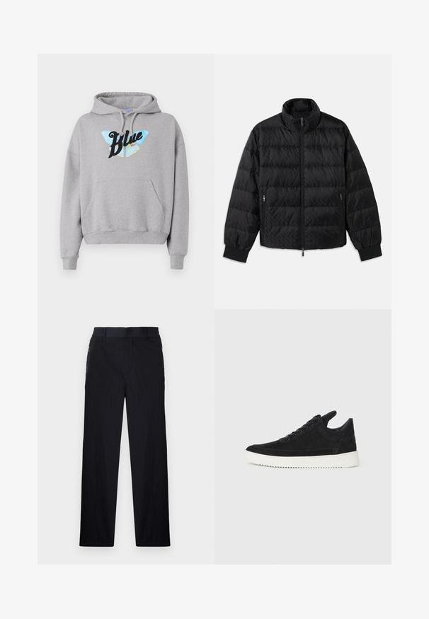 Crni tkanjeni topli kaput s visokim ovratnikom, prednjim patentnim zatvaračem, bočnim džepovima na patentni zatvarač i elastičnim manžetama na bijeloj pozadini.; Siva dukserica sa prednjim kenguru džepom, kapuljačom s mogućnošću podešavanja i grafikom leptira s riječju "Plava" u crnoj boji.; Crne hlače od lagane, teksturirane tkanine, ravnog kroja, s elastičnom gumicom u struku i bočnim džepovima sa zatvaračem.; Crne nubuk tenisice s bijelim gumenim potplatom, s toniranim šavovima i dizajnom vezanja. Glatka tekstura s modernim, strujnim oblikom.