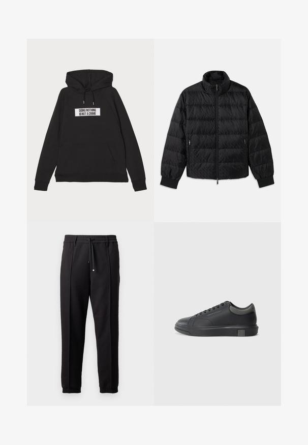 Svart, kviltet og polstret jakke med høy krage, glidelås foran, glidelåslommer på sidene, og elastiske mansjetter på hvit bakgrunn.; Études LOOSE HOODIE NOT A CRIME - Sweatshirt - black; Sorte bukser med liv, snor og elastiske mansjetter. Har plisséer og et glatt, teksturert stoff.; Sorte lærersneakers med en glat finish, rund tå og mørkegrå detaljer. Har snørebånd og en struktureret gummisål.