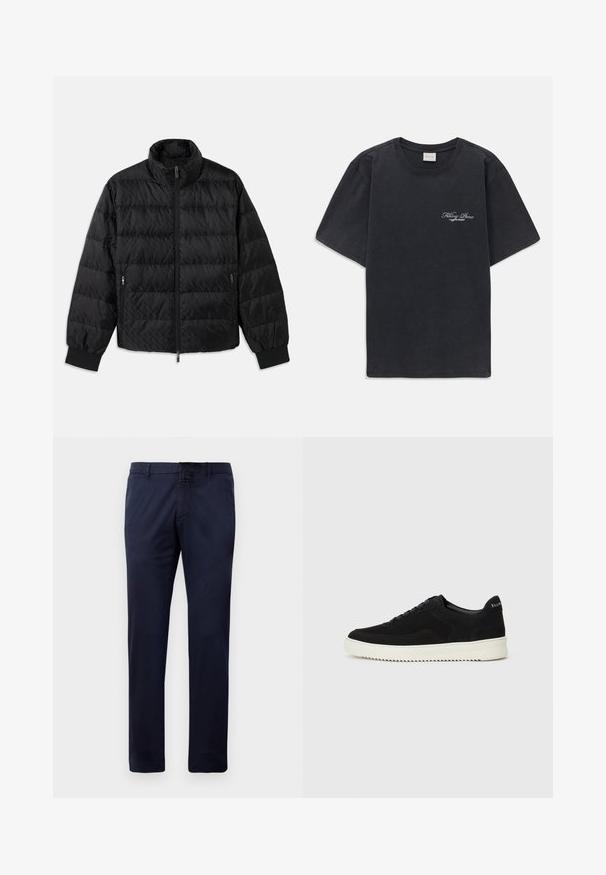 Crni tkanjeni topli kaput s visokim ovratnikom, prednjim patentnim zatvaračem, bočnim džepovima na patentni zatvarač i elastičnim manžetama na bijeloj pozadini.; Crna majica kratkih rukava s okruglim izrezom s malim bijelim logotipom "Filling Pieces" na lijevoj strani prsnog koša.; Temno plave ravne hlače sa petljama za remen, prednjim gumbom i bočnim džepovima, prikazane na bijeloj pozadini.; Crne nubuk tenisice s vezanjem i kontrastnom bijelom gumenom potplatom. Imaju teksturirane bočne panele i suptilno brendiranje na peti.