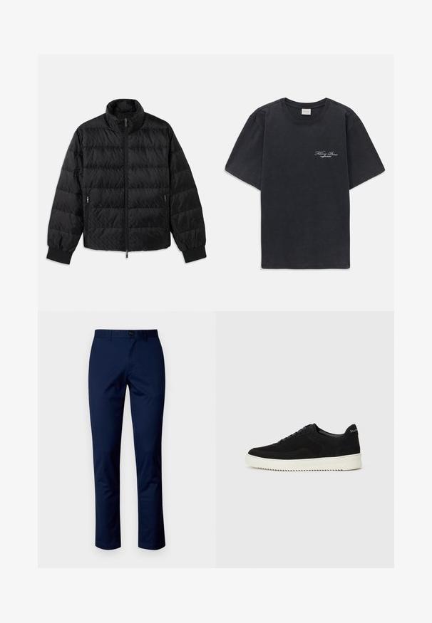 Mustmustähega kampsun, millel on kõrge kaelus, eesneediga lukk, mõlemal küljel lukuga küljetaskud ja elastsest materjalist paelad, valge taustal.; Must have lühikesed varrukad ümmarguse kaelusega must T-särk, millel vasakul rinnal on väike valge "Filling Pieces" teksti logo.; Tumedate sinised puuvillased püksid sirge sääre disainiga, millel on esipaneelil nupuga sulgemine, vööde ringsed ja puhtad õmblused. Sile tekstuur ilma mustriteta.; Mustad suede jooksujalatsid, millel on paelad ja kontrastne valge kummitald. Omab tekstuuriga külgpaneele ja tagasihoidlikku brändimist kandadel.