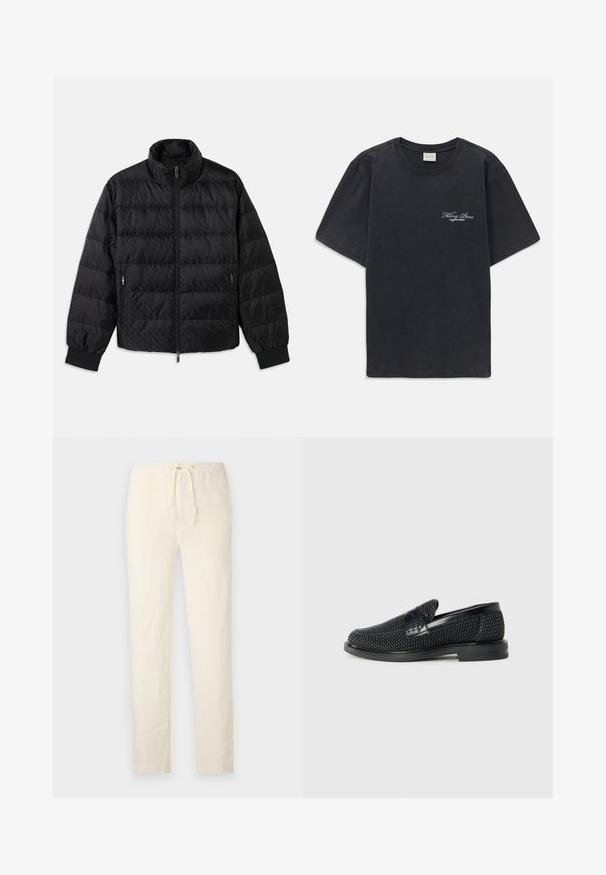 Black quilted padded jacket with high collar, front zipper, zippered side pockets, and elastic cuffs on a white background.; Black short-sleeve crew neck t-shirt with small white "Filling Pieces" text logo on the left chest.; 120% Lino MEN PANT - Trousers - milk; Black woven slip-on shoe with a smooth leather accent on the upper, a round toe design, and a low-profile rubber sole.