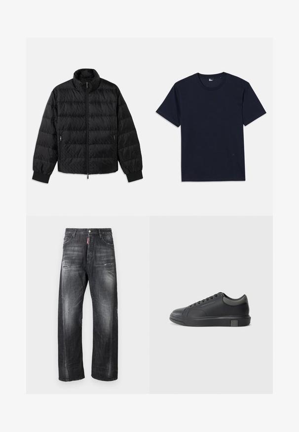 Črno podloženo quilted jopič s visokim ovratnikom, sprednjim zadrgo, zadrgo na stranskih žepih in elastičnimi manšetami na belem ozadju.; Bordo modra bombažna majica s kratkimi rokavi, okroglim izrezom in minimalnimi šivi. Preprost dizajn brez vidnih vzorcev ali dodatkov.; Temno sive kavbojke iz jeansa z ohlapnim krojem, z raztrganinami na kolenih, z gumbnim zapiranjem in rdečo oznako z logotipom blizu pasu.; Črne usnjene teniske s gladko površino, zaobljenim prstom in temno sivo akcenti. Imajo sistem vezanja in teksturiran gumijast podplat.
