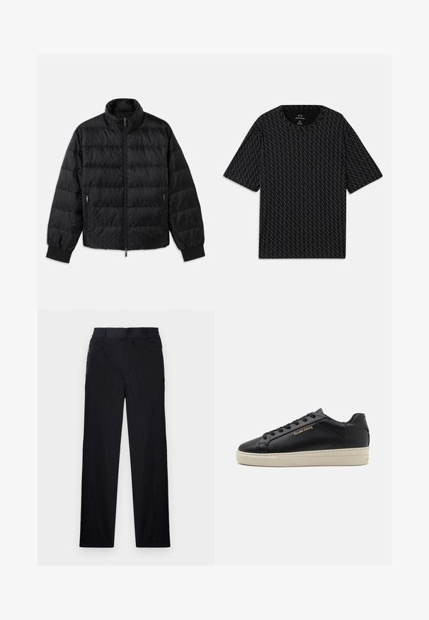 Črno podloženo quilted jopič s visokim ovratnikom, sprednjim zadrgo, zadrgo na stranskih žepih in elastičnimi manšetami na belem ozadju.; Črna majica s kratkimi rokavi, ki vsebuje teksturiran vzorec iz izmeničnih logotipov 'A', z okroglim izrezom. Narejena iz lahkega materiala.; Črne hlače iz lahke, teksturirane tkanine, ravne noge, elastičen pas in stranski žepki na zadrgo.; Črne usnjene tenisice z gladko površino, kontrastnim kremnim podplatom, zaobljenim noskom, zlatim logotipom ob strani in šestimi luknjami za vezalke.
