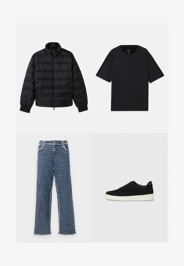 Black quilted padded jacket with high collar, front zipper, zippered side pockets, and elastic cuffs on a white background.; Black T-shirt featuring a textured pattern of alternating 'A' logos, short sleeves, and a crew neckline. Made from lightweight fabric.; Denim wide-leg trousers feature a textured blue material with a patterned design. Edges are frayed, and there are five pockets and metal hardware.; Black suede sneaker with lace-up design and contrasting white rubber sole. Features textured side panels and subtle branding on the heel.