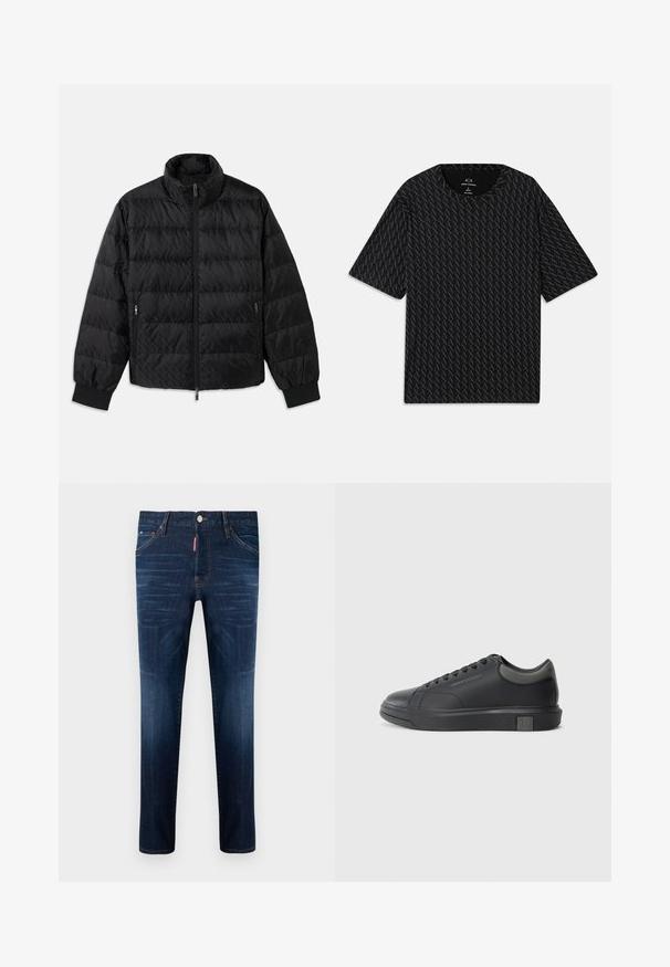 Crni tkanjeni topli kaput s visokim ovratnikom, prednjim patentnim zatvaračem, bočnim džepovima na patentni zatvarač i elastičnim manžetama na bijeloj pozadini.; Crna majica s kratkim rukavima koja sadrži teksturirani uzorak izmjeničnih 'A' logotipa i okrugli izrez. Napravljena od laganog materijala.; Tamnoplave traperice ravnog kroja, s prednjim džepovima i malom crvenom oznakom s logotipom. Sadrže suptilne nabore i kontrastne šavove.; Crne kožne tenisice s glatkom završnom obradom, okruglim vrhom i tamno sivim detaljima. Imaju vezanje i teksturiranu gumenu potplat.