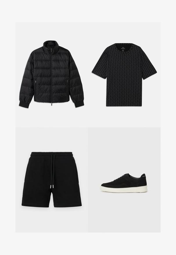 Mustmustähega kampsun, millel on kõrge kaelus, eesneediga lukk, mõlemal küljel lukuga küljetaskud ja elastsest materjalist paelad, valge taustal.; Must mustläbiga T-särk, millel on tekstuurne muster vahelduvate 'A' logodega, lühikeste varrukatega ja ümar kaelus. Valmistatud kergest kangast.; Mustast puuvillast lühikesed püksid, millel on elastne vöökoht nööriga, küljetaskud ja klassikaline, lõdvestunud istuvus. Sile tekstuur ilma mustriteta.; Mustad suede jooksujalatsid, millel on paelad ja kontrastne valge kummitald. Omab tekstuuriga külgpaneele ja tagasihoidlikku brändimist kandadel.