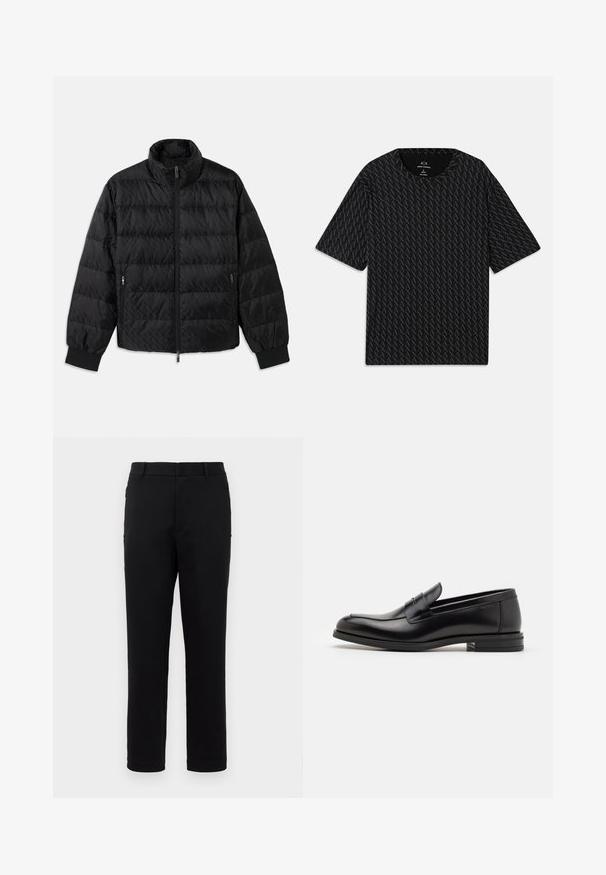 Čierna prešívaná bunda s vysokým golierom, predným zipsom, zipsovými bočnými vreckami a elastickými manžetami na bielom pozadí.; Čierne tričko s textúrovaným vzorom striedajúcich sa log 'A', krátke rukávy a okrúhly výstrih. Vyrobené z ľahkého materiálu.; Čierne nohavice s rovnými nohavicami, vyrobené z hladkej tkaniny. Majú stredne vysoký pás a bočné vrecká. Minimalistický štýl bez vzorov.; Čierne kožené mokasíny s hladkou textúrou, zaoblenou špičkou a dekoračným pásikom cez priehlavok. Nízky vrstvený opätok, minimalistický dizajn.