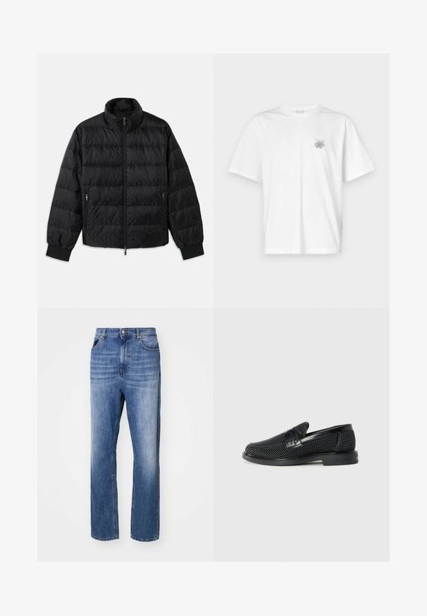 Mustmustähega kampsun, millel on kõrge kaelus, eesneediga lukk, mõlemal küljel lukuga küljetaskud ja elastsest materjalist paelad, valge taustal.; Valge puuvillane T-särk lühikeste varrukatega, ümmarguse kaelusega ja väike hall logo vasakul rinnaosal. Sile tekstuur.; Sinine denimist teksapüksid sirge jala disainiga. Omab nuppu ja tõmblukk sulgemiseks, viit taskut ning tuhmumist tekstuuri annmiseks.; Must musta kootud slip-on king, millel on pehme nahast accent ülaserval, ümmargune varvas ja madal profiiliga kummitald.