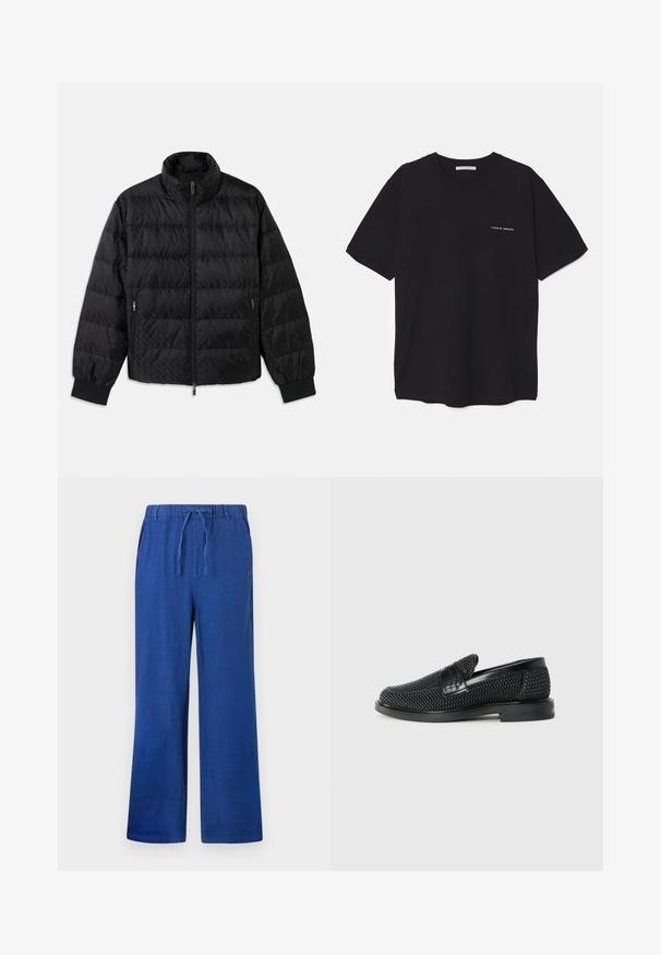 Čierna prešívaná bunda s vysokým golierom, predným zipsom, zipsovými bočnými vreckami a elastickými manžetami na bielom pozadí.; Čierne bavlnené tričko s okrúhlym výstrihom, krátkymi rukávmi a bielou potlačou loga na ľavej hrudi. Jednoduchý, jednoliaty dizajn.; Modré široké nohavice s elastickým pásom a šnúrkou, s bočnými vreckami, vystavené na bielom pozadí.; Čierne tkané slip-on topánky s hladkým koženým akcentom na vrchnej časti, s okrúlym dizajnom špičky a nízkoprofilovou gumovou podrážkou.