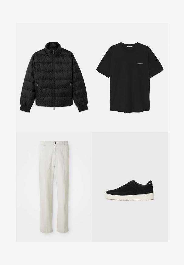 Svart vadderad jacka med hög krage, frontdragkedja, dragkedjefickor på sidan och elastiska manschetter på en vit bakgrund.; Svart bomull T-shirt med rund hals, korta ärmar och vit logotryck på vänster bröst. Enkel, enfärgad design.; Beiga raka byxor med bälteshällor, framknäppning och dragkedja, uppvisade platt på en vit bakgrund.; Svarta mockaskor med snörningsdesign och kontrasterande vita gummisulor. Har texturerade sidopaneler och diskret branding på hälen.