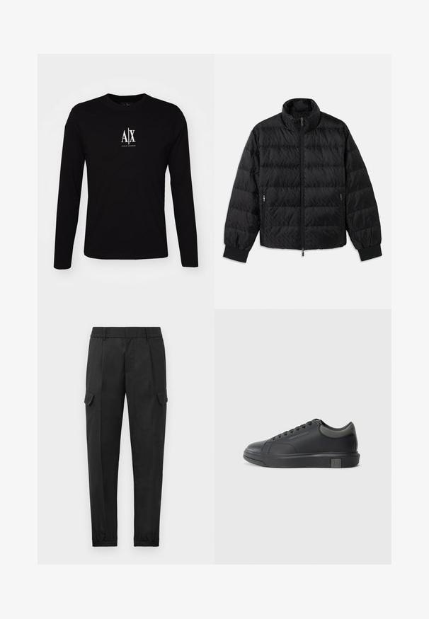 Juodas quiltuotas pūkuotas švarkas su aukštu apykakle, priekyje su užtrauktuku, šoninėmis kišenėmis su užtrauktukais ir elastingomis rankogaliais baltame fone.; Juodas ilgomis rankovėmis marškinėliai, pagaminti iš medvilnės, su apvaliu iškirpimu. Centre ant krūtinės yra baltas logotipas "A|X". Paprastas dizainas, minimalūs akcentai.; Juodi krovinių tipo džinsai su elastinga juosta, siaurėjantis kelnių siluetas, šoniniai kišeniai ir viena krovinių kišenė ant kairio šlaunies. Lygi tekstūra.; Juodos odinės sportinės bateliai su lygiu paviršiumi, apvaliu nose ir tamsiai pilkais akcentais. Turi raištelių dizainą ir tekstūruotą gumos padas.